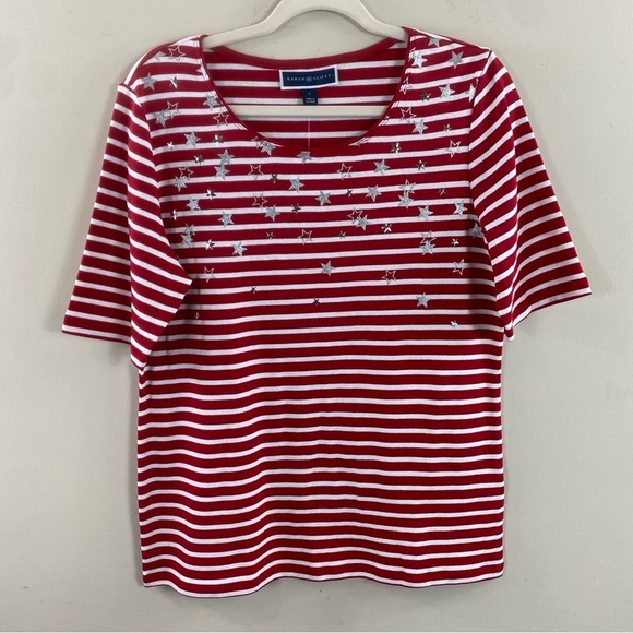 Karen Scott Red and White Striped w/Small Metal Stars Short‎ Sleeve Tee Sz L - Picture 2 of 11